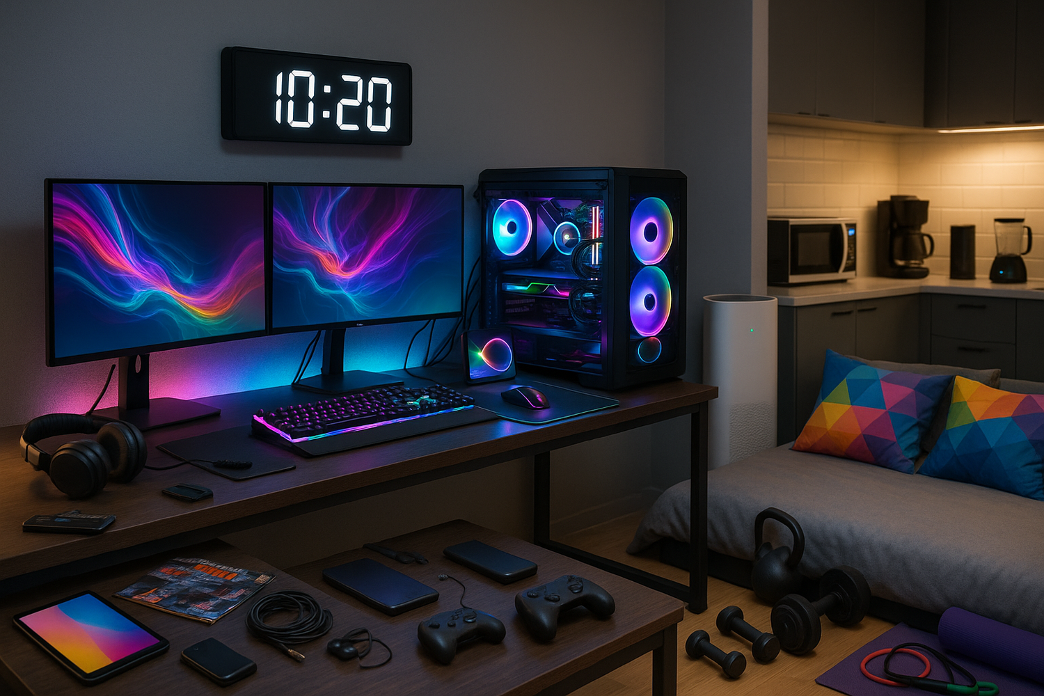 remove books and black pillow from bed and ad power bank add air purifier, digital clock in back of pc